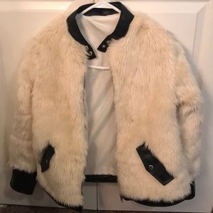 Faux Fur Leather Trim Pocket Jacket Coat